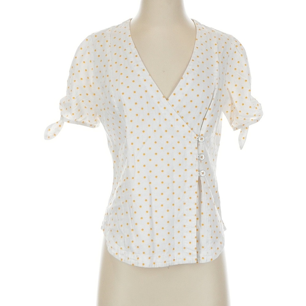 Anthropologie White Wrap Tie Front Short Sleeve Dotted Blouse